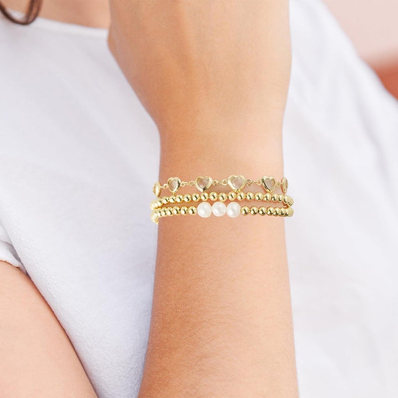 Pymach Store Dainty Gold Plated Pearl Crystal Beaded Bracelets Set for Women 14K Gold Plated Bead Pearl Beads Bracelet Stackable Paperclip Link Chain Bracelets Gold Plated Bracelets for Women Trendy Jewelry - Image 4